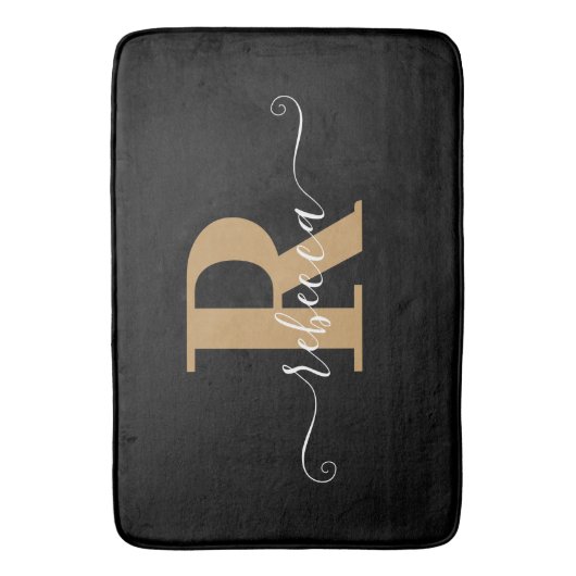 Modern Zwart Goud Monogram Hand Script Naam Bath M Badmat (Voorkant Verticaal)