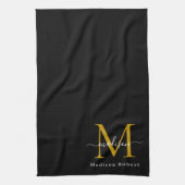 Modern Zwart Goud Monogram Initiaal Script Aangepa Theedoek (Verticaal)