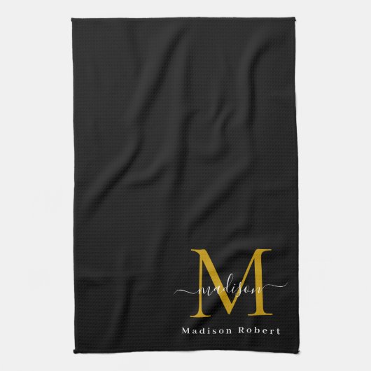 Modern Zwart Goud Monogram Initiaal Script Aangepa Theedoek (Verticaal)