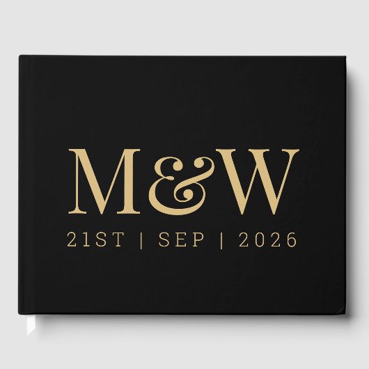 Modern Zwart Goud Monogram Initialen Bruiloft Gastenboek (Voorkant)
