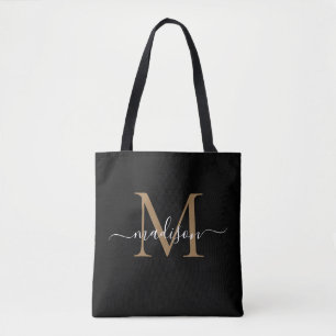 Modern zwart goud monogram meisjesachtig vrouwelij tote bag
