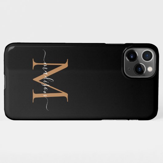 Modern Zwart Goud Monogram Script Naam iPhone case iPhone Hoesje (Achterkant horizontaal)