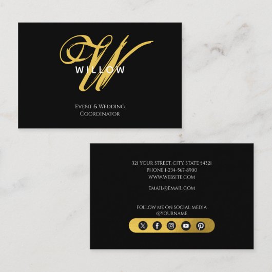 Modern zwart & goud monogram visitekaartje (Voorkant / Achterkant)