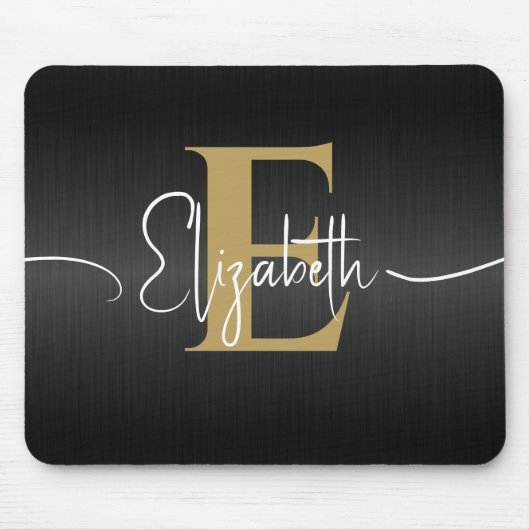 Modern Zwart Goud Monogrammed Girly Elegant Script Muismat (Voorkant)