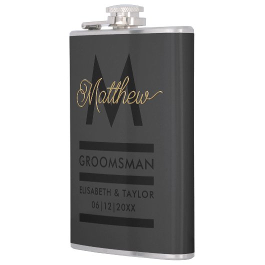 Modern Zwart & Goud Naam toevoegen & Monogram Groo Heupfles (Links)