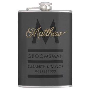 Modern Zwart & Goud Naam toevoegen & Monogram Groo Heupfles