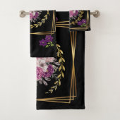 Modern Zwart Goud Paarse Bloemen Trendy Boho Handd Bad Handdoek (Insitu)