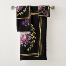 Modern Zwart Goud Paarse Bloemen Trendy Boho Handd Bad Handdoek