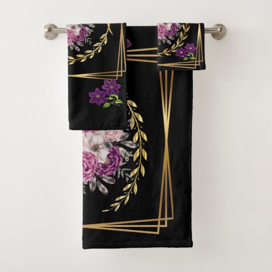 Modern Zwart Goud Paarse Bloemen Trendy Boho Handd Bad Handdoek (Insitu)