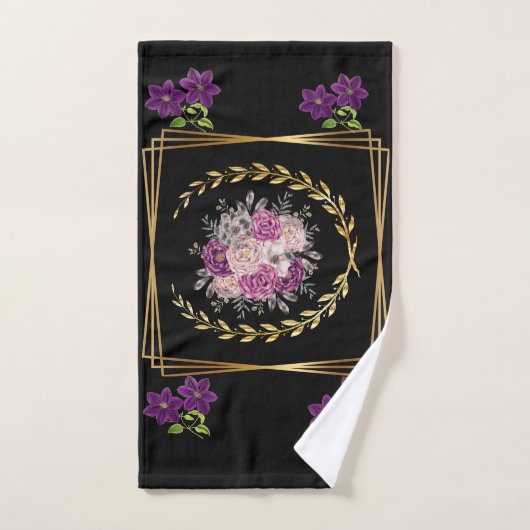 Modern Zwart Goud Paarse Bloemen Trendy Boho Handd Bad Handdoek (Handdoek)