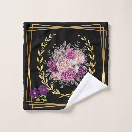 Modern Zwart Goud Paarse Bloemen Trendy Boho Handd Bad Handdoek (Wasdoekje)