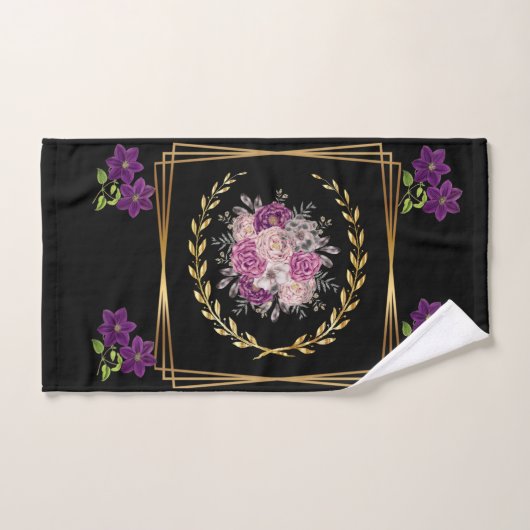 Modern Zwart Goud Paarse Bloemen Trendy Boho Handd Bad Handdoek (Handdoek)