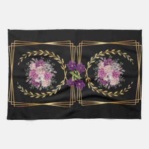Modern Zwart Goud Paarse Bloemen Trendy Boho Handd Theedoek