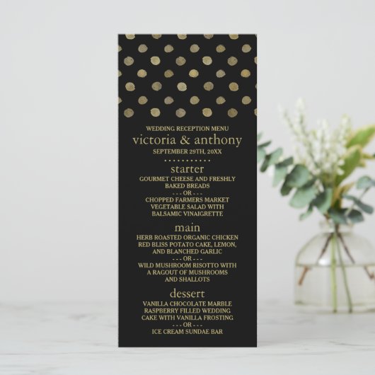 Modern Zwart & Goud Polka Dots Bruiloft Menu (Staand voorkant)