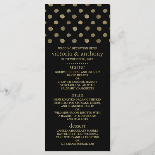 Modern Zwart & Goud Polka Dots Bruiloft Menu (Voorkant)