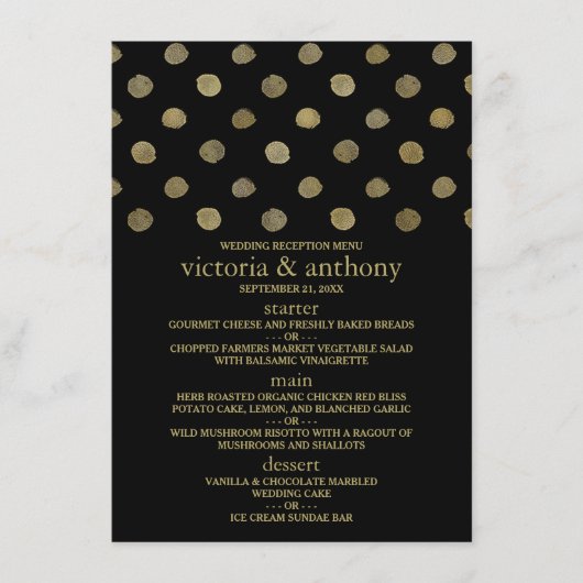 Modern Zwart & Goud Polka Dots Bruiloft Menu (Voorkant)
