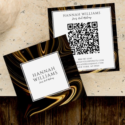 Modern Zwart Goud QR Code Abstract Liquid Pattern Vierkante Visitekaartje