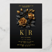 Modern Zwart Goud Rozen Gotische bruiloft Folie Uitnodiging (Voorkant)