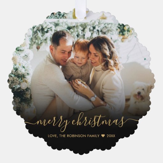 Modern Zwart Goud Script 2 Foto Kerstmis Ornament Kaart (Voorkant)