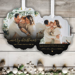 Modern Zwart Goud Script 2 Foto Kerstmis Ornament Kaart