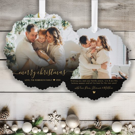Modern Zwart Goud Script 2 Foto Kerstmis Ornament Kaart