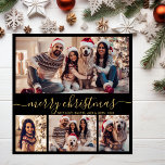 Modern Zwart Goud Script 5 Fotocollage Kerstmis Feestdagenkaart<br><div class="desc">Minimalistisch Modern Elegant Kalligrafie Zwart en Goud 5 Fotocollage Vrolijk Kerstmis Kalligrafie Script Vakantie Kaart. Deze feestelijke, minimalistische, grillige sjabloon van de vakantiepas beschikt over vier (4) fotocollage op de voorkant, 1 foto op de achterfoto en zegt "Vrolijk kerstfeest" begroetingstekst, die is geschreven in een prachtige hand belettering swirly swash-tail...</div>