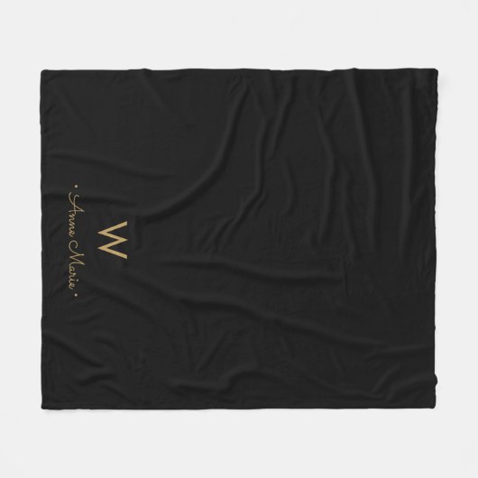 Modern Zwart Goud Script Monogram Fleece Deken (Voorkant (Horizontaal))