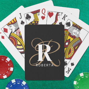 Modern Zwart Goud Script Monogram Naam Pokerkaarten