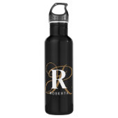 Modern Zwart Goud Script Monogram Naam Waterfles (Voorkant)