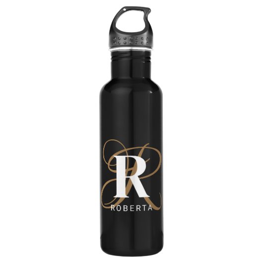 Modern Zwart Goud Script Monogram Naam Waterfles (Voorkant)