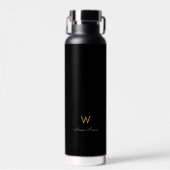 Modern Zwart Goud Script Monogram Waterfles (Voorkant)