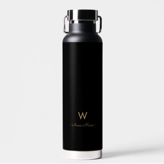 Modern Zwart Goud Script Monogram Waterfles (Voorkant)