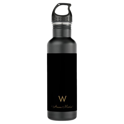 Modern Zwart Goud Script Monogram Waterfles (Voorkant)