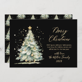 Modern Zwart Goud Script Waterverf Kerstboom Feestdagenkaart