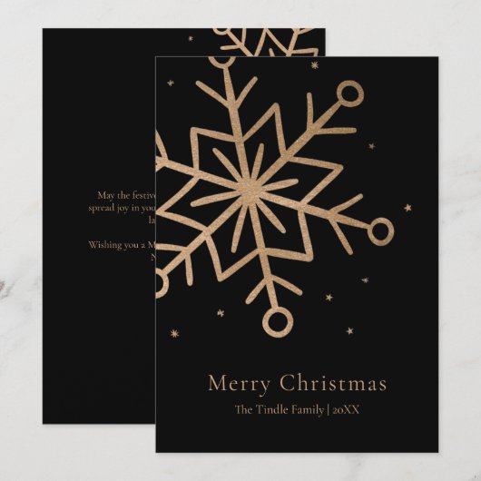 Modern Zwart Goud Sneeuwvlok Script Kerstmis Feestdagenkaart (Voorkant / Achterkant)