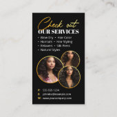 Modern Zwart Goud Sparkle Foto Haarstylist Visitekaartje (Achterkant)