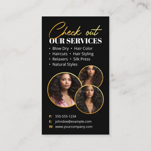 Modern Zwart Goud Sparkle Foto Haarstylist Visitekaartje (Achterkant)