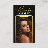 Modern Zwart Goud Sparkle Foto Haarstylist Visitekaartje (Voorkant)
