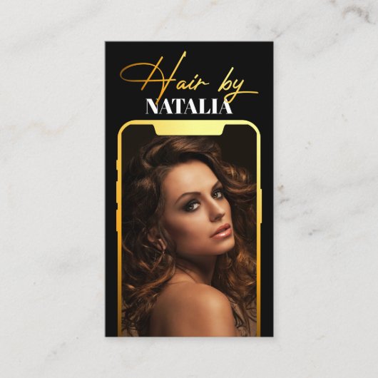 Modern Zwart Goud Sparkle Foto Haarstylist Visitekaartje (Voorkant)