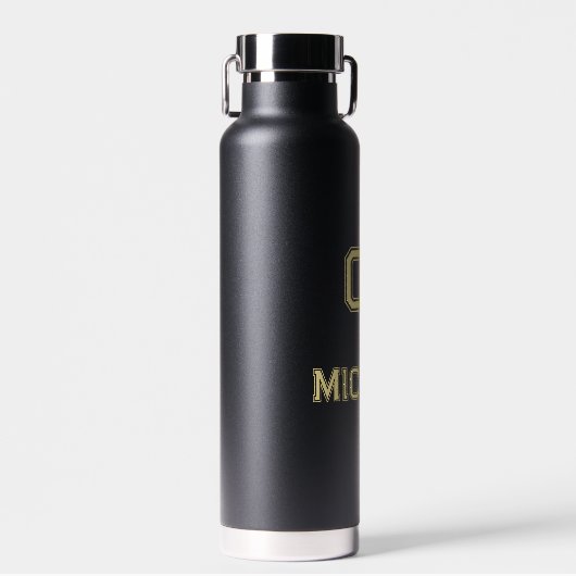 Modern Zwart Goud Speler Naam Jersey Nummer Sport Waterfles (Voorkant)