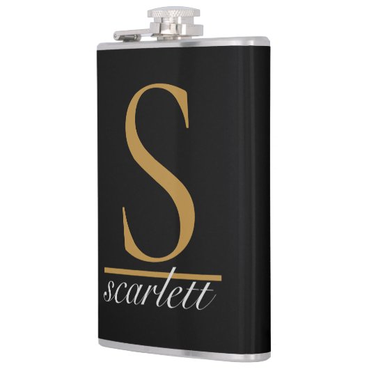 Modern Zwart Goud Stijlvol Monogram Girly Script Heupfles (Links)