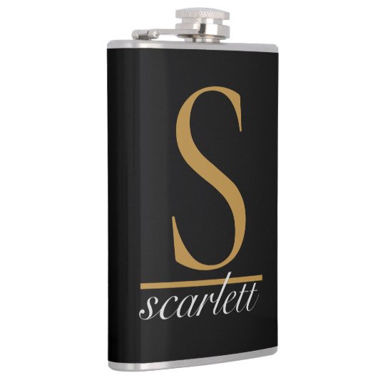 Modern Zwart Goud Stijlvol Monogram Girly Script Heupfles (Rechts)