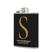 Modern Zwart Goud Stijlvol Monogram Girly Script Heupfles (Links)