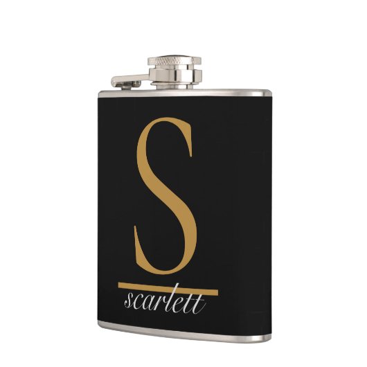 Modern Zwart Goud Stijlvol Monogram Girly Script Heupfles (Links)