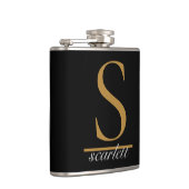 Modern Zwart Goud Stijlvol Monogram Girly Script Heupfles (Rechts)