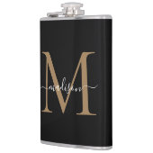 Modern Zwart Goud Stijlvol Monogram Girly Script Heupfles (Links)