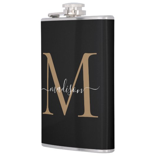 Modern Zwart Goud Stijlvol Monogram Girly Script Heupfles (Links)