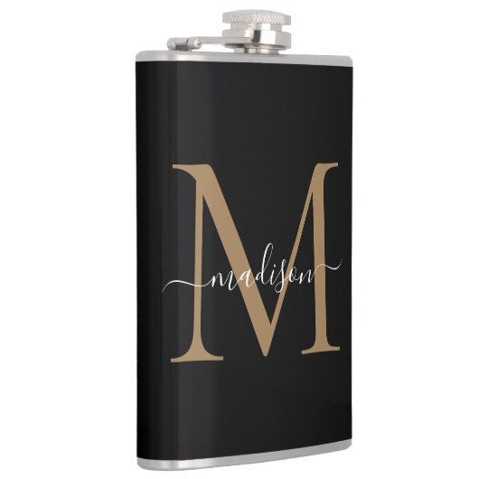 Modern Zwart Goud Stijlvol Monogram Girly Script Heupfles (Rechts)