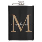 Modern Zwart Goud Stijlvol Monogram Girly Script Heupfles (Voorkant)