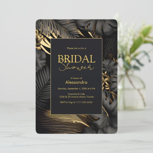 Modern Zwart Goud Tropisch Bruiloft Vrijgezellenfe Kaart (Staand voorkant)